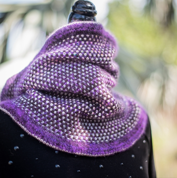 Hand Crafted Soft Warm Angora Knit Cowl in Purple Color Grey Dots Neon Speckles - Picture 7 of 8